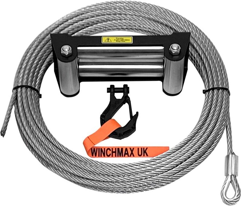 26 m x 9,5 mm Stahlwindenseil mit Edelstahl-Rollenführung und 3/8 Zoll Gabelkopf für taktische Haken - Winchmax