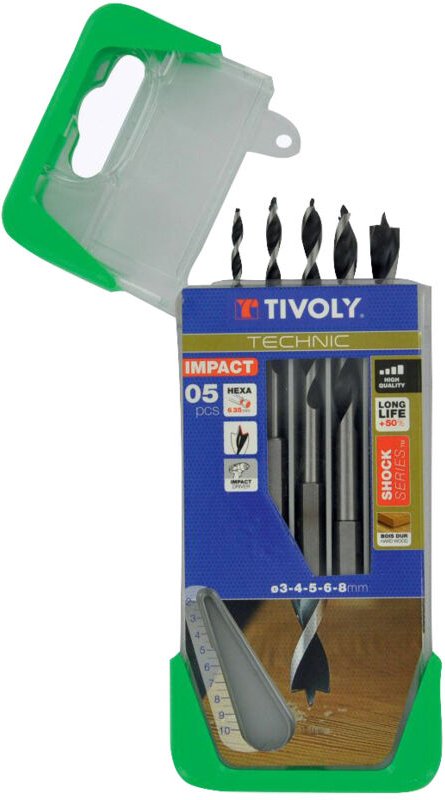 Tivoly - Box mit 5 Holzbohrern, 3 Spitzen • Sechskantschaft • ø 3 mm bis 8 mm • Zum Bohren von Hartholz