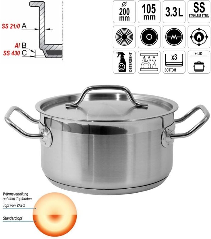 Kochtopf mit Deckel 20x10,5 3,3L Gastronomie Qualität Edelstahl Topf Gastro Induktion