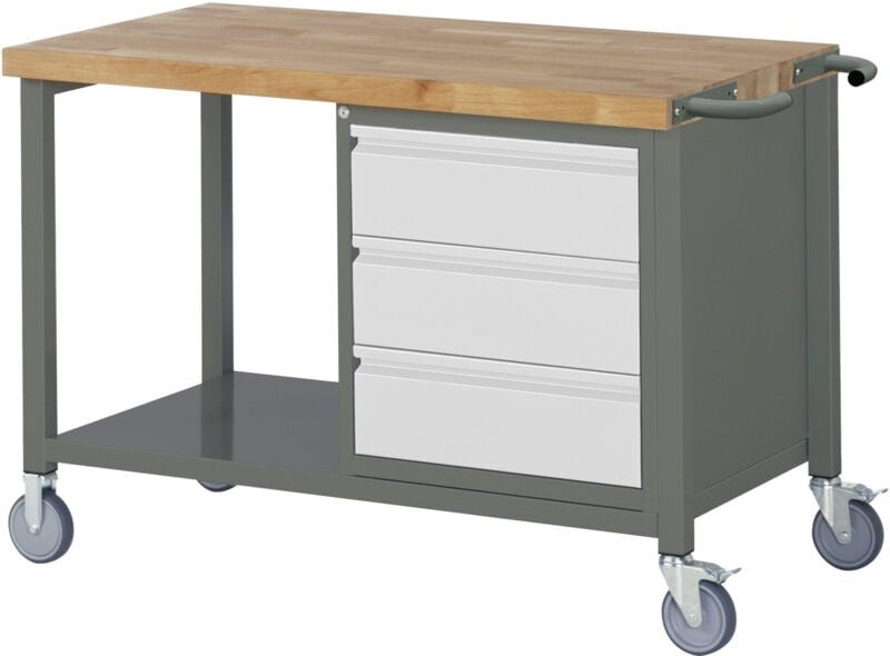 Fahrbare Werkbank Premium, 3 Schubladen, 125x70x88cm, pulverbeschichteter Stahl & Buche - Stier