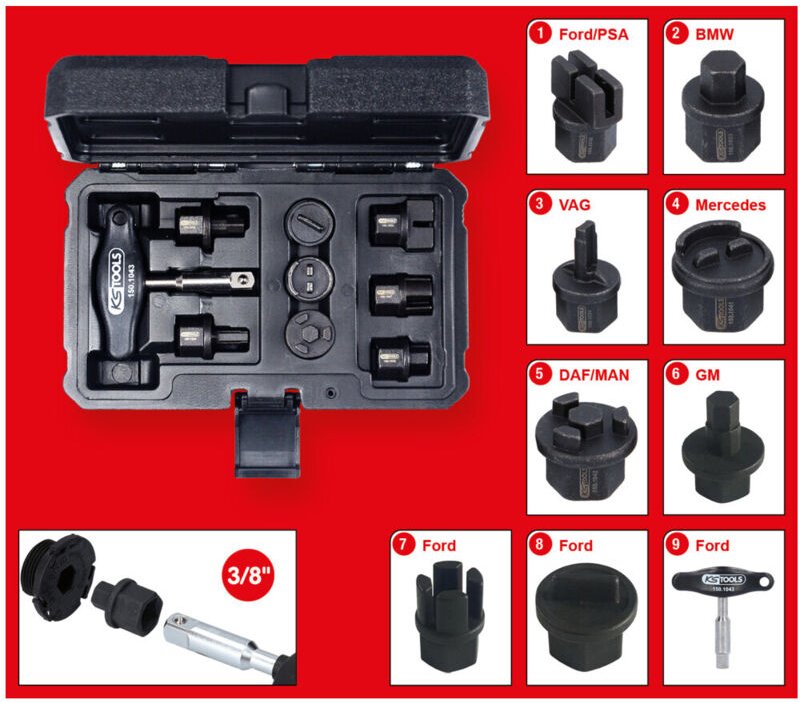 KS TOOLS 3/8" Öldienst-Spezialprofil-Satz für Kunststoff-Ölablassschrauben, 9-tlg - 150.1040