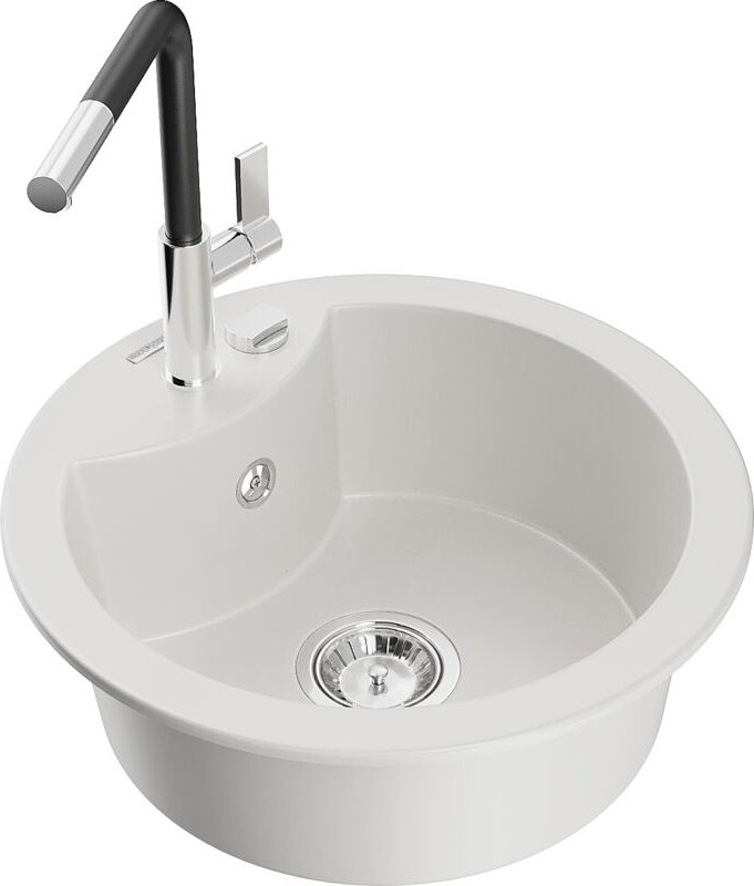 Diego 1-Becken-Granitspüle mit Mischbatterie Flora, Weiß - 6512-20-670401-07 - Mexen