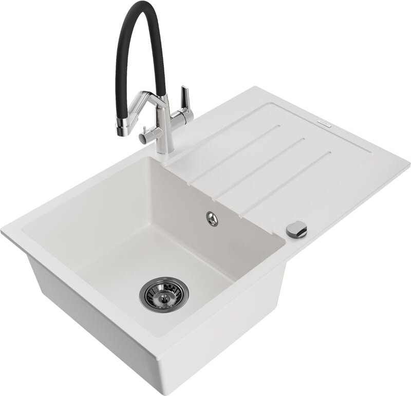 Bruno 1 Becken-Granitspüle mit Abtropffläche und Mischbatterie Duo, Weiß - 6513-20-671701-07-B - Mexen