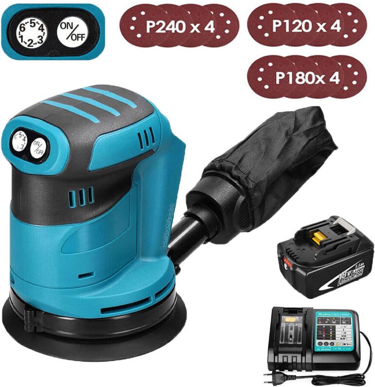 Mawiron - Exzenterschleifer, 125 mm kabelloser bürstenloser 18-V-Exzenterschleifer, mit 12 Schleifpapieren und Staubbeut...