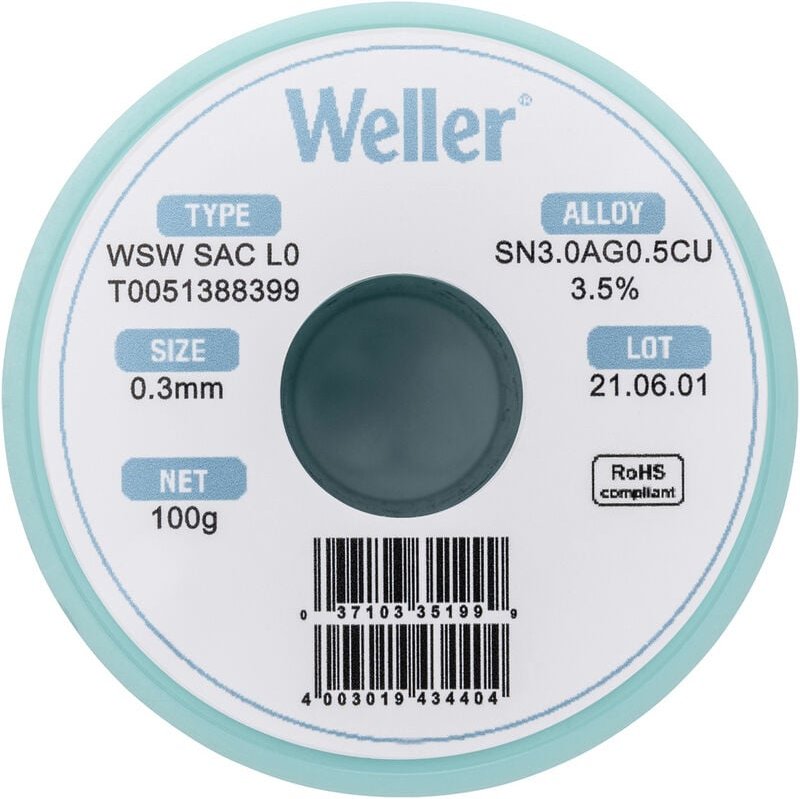 Weller - T0051388399 Lötzinn, bleifrei Spule, bleifrei Sn3,0Ag0,5Cu 100 g 0.30 mm