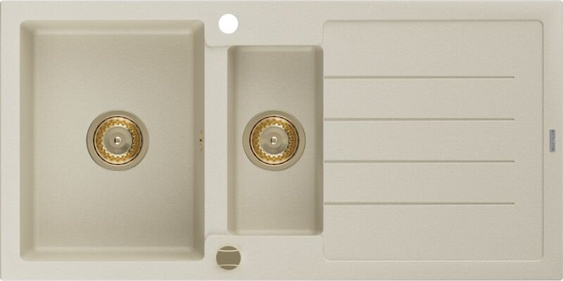 Andres 1,5-Becken-Granitspüle mit Abtropffläche 1000 x 500 mm, Beige, Siphon Gold - 6515101510 - Mexen