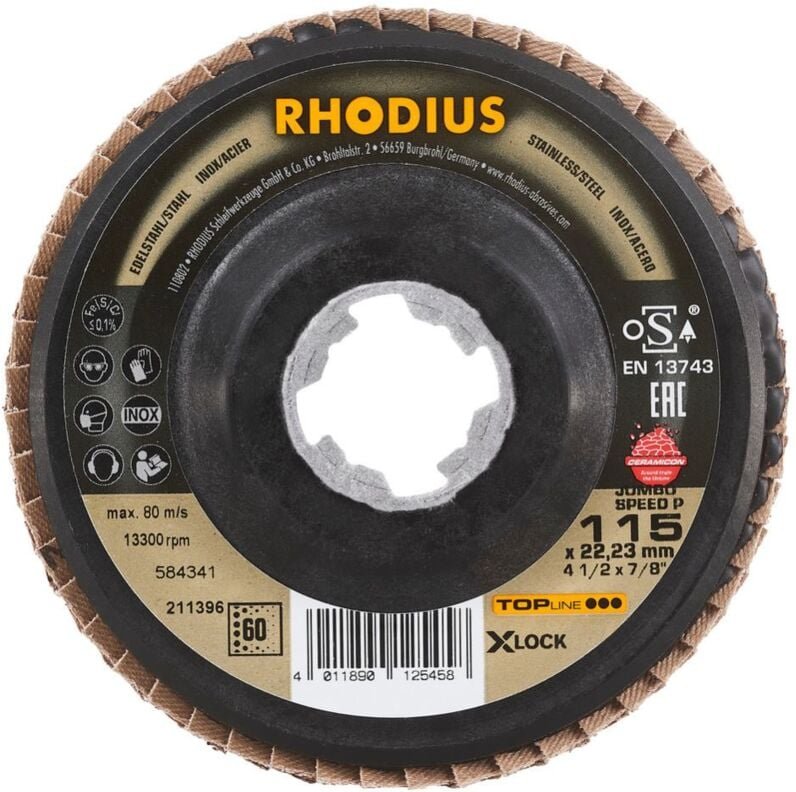 RHODIUS JUMBO SPEED P X-LOCK, 10 Stück, 115 mm, Korn 60, X-LOCK Fächerschleifscheibe