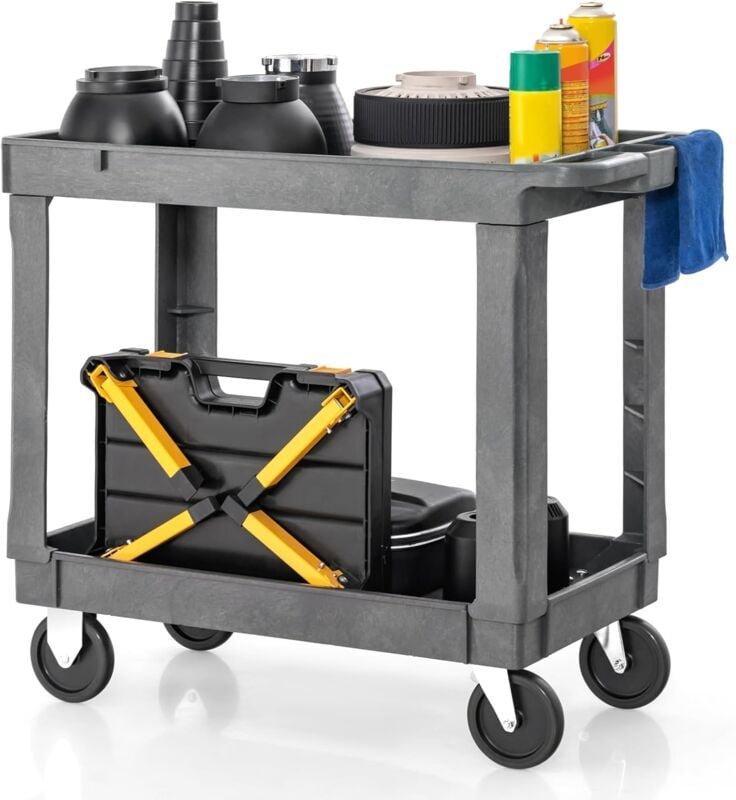 Costway - Werkstatt-Rollwagen 2 Etagen, Werkstattwagen Kunststoff mit Griff, Montagewagen Servicewagen bis zu 250 kg bel...