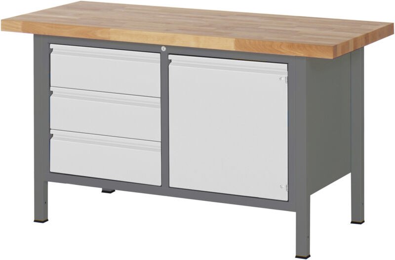 Höhenverstellbare Werkbank Premium, 3 Schubladen und 1 Tür, 150x70x84-104cm, Stahl und Buche - Stier