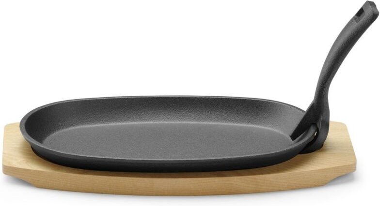 Gusseisenteller mit Holzunterlage und Greifzange, Schwarz, 280x140x(H)30mm - Hendi