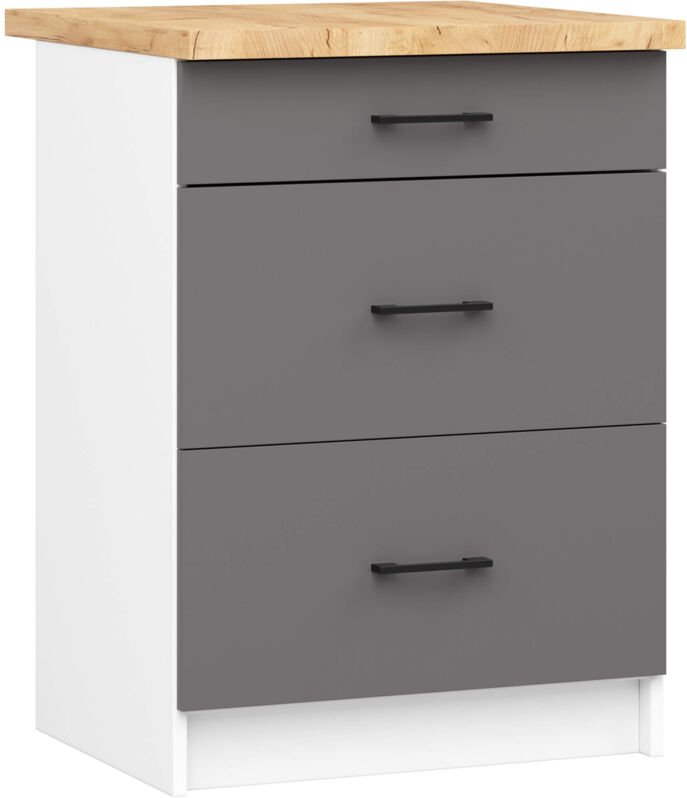 Thumbnail - Küchenschrank Akord oliwia modular S60 Unterschrank mit Arbeitsplatte Weiß 60 cm 3 Schubladen Front Graphitgrau B60 x H8...