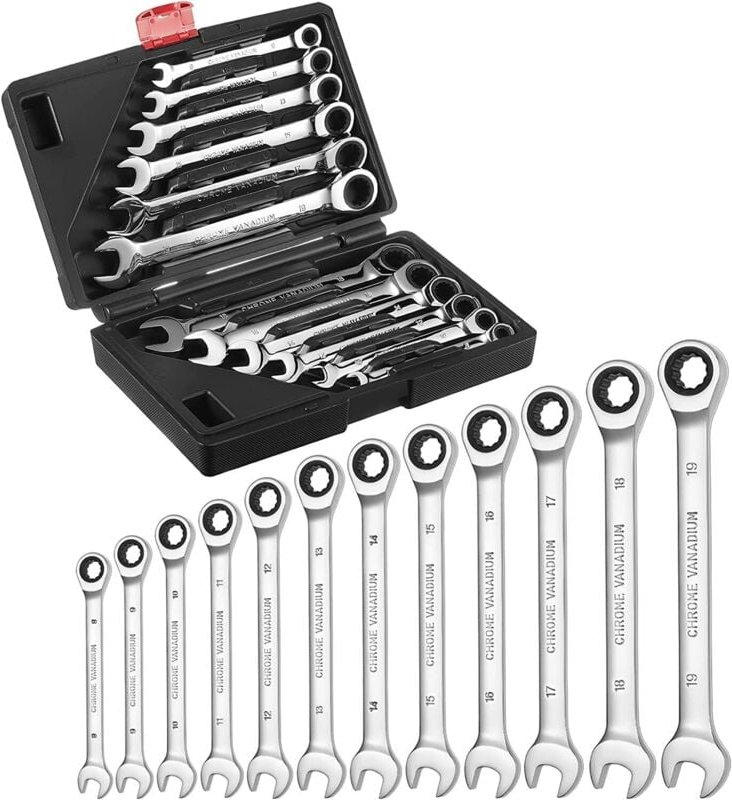 12-teiliger Ratschen-Maulschlüsselsatz, Ratschen-Maulschlüssel, 8–19 mm Ringmaulschlüssel mit Werkzeugkasten, Chrom-Vana...