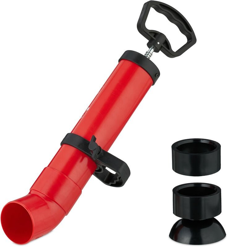 Rohrreinigungspumpe, 2 Aufsätze für Dusche & Waschbecken, Abflussreiniger Druckluft, chemiefrei, schwarz/rot - Relaxdays
