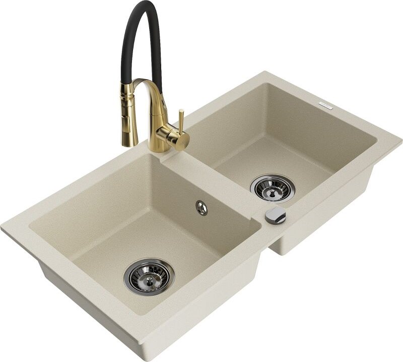 Thumbnail - Mexen - Mario 2-Becken-Granitspüle mit Mischbatterie Aster, Beige - 6504-69-73450-57-B
