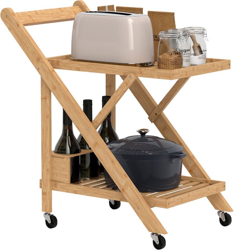 Küchenwagen Servierwagen mit 2 Ebenen, Rollwagen mit Weinregal, Arbeitsplatte, Griff Küchenregal auf Rollen, klappbar Al...