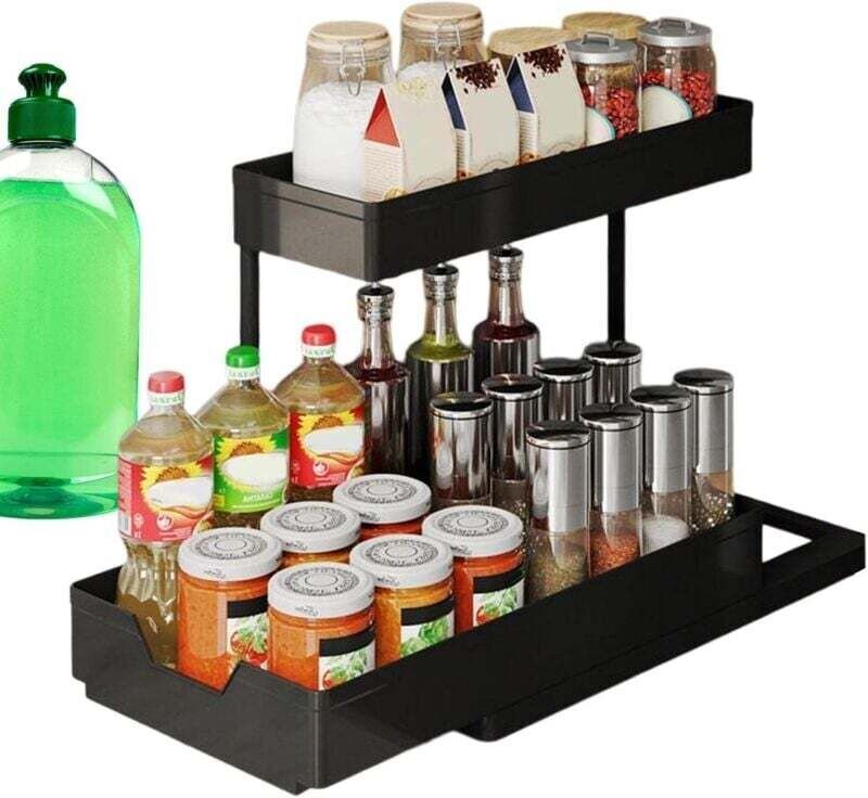 Organizer unter der Spüle – Herausnehmbares Lagerregal – 2-lagiger ausziehbarer Schrankkorb verwaltet das Regal in Küche...