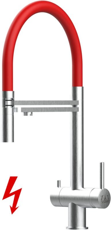 Thumbnail - Niederdruck 3 Wege Edelstahl Massiv Küchenarmatur Spültischmischer, mit 360° schwenkbarem Rot Auslauf und 2 strahl Handb...