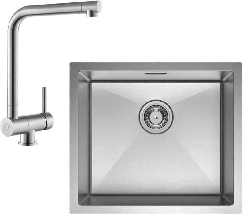 Unterbauspüle mit 1 Becken 50×44CM Edelstahlspüle Gebürstete + Gebürstete Küchenarmatur Spültischarmatur vor dem Fenster...