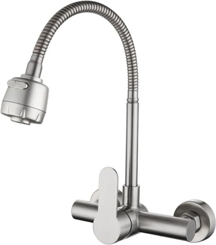 Robinet de cuisine mural en acier inoxydable à double trou, mitigeur eau chaude et froide, 2 modes, rotation à 360°, pul...