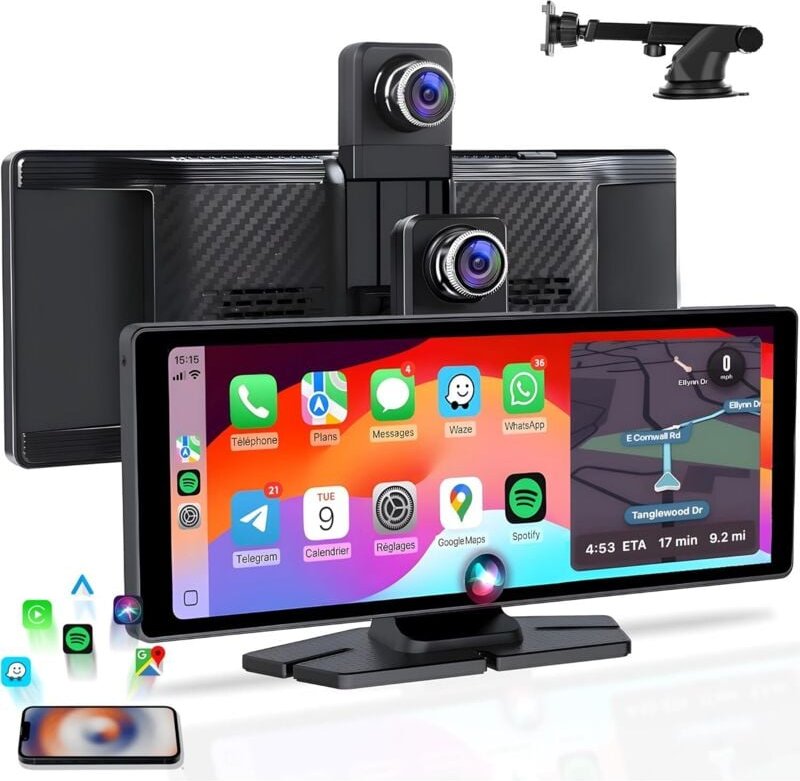 10,26" D3 Pro Kabelloses Autodisplay – Apple CarPlay & Android Auto Bluetooth-Autoradio – 4K-Auto-Dashcam-GPS mit Rückfa...