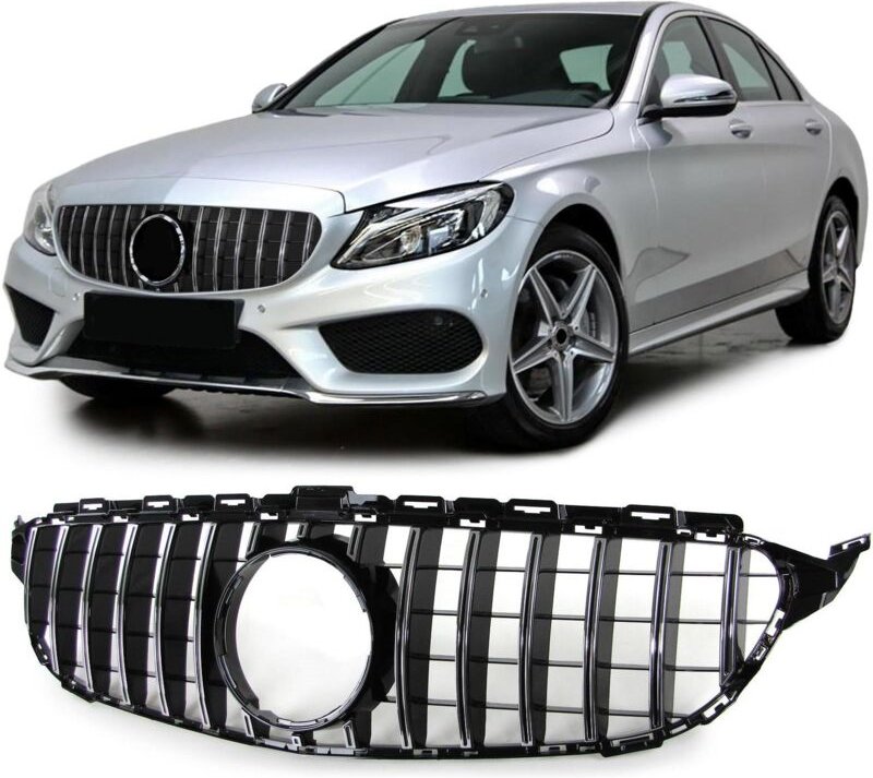 Auto-Kühlergrill – Mercedes C-Klasse W205 S205 13–18 – Sport-Kühlergrill – Schwarz glänzend/Chrom – Passend für