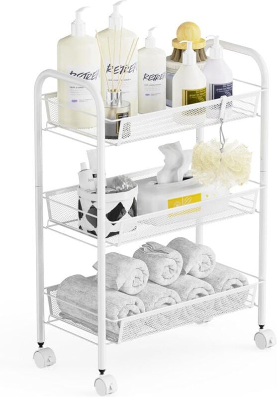 Rollwagen Küchewagen mit 3 Ebenen, Metall Regal auf Rollen mit Griff für Küche, Badezimmer, Schlafzimmer, Büro - Weiß
