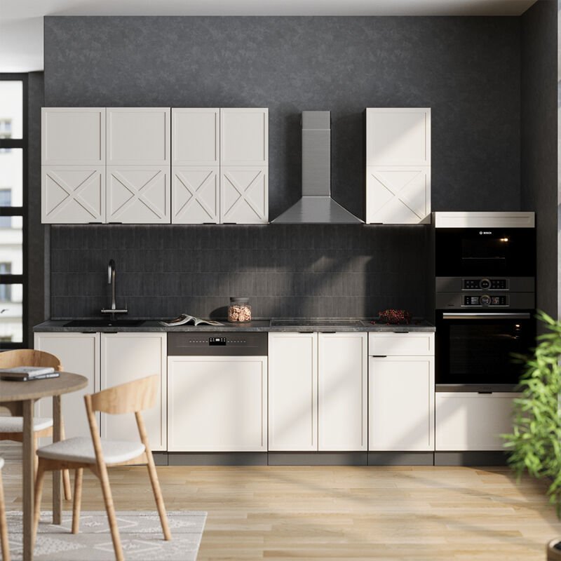 Küchenzeile Fame-Line, GrauBeige/Anthrazit, 300 cm mit Hochschrank, ohne Arbeitsplatte, Vicco