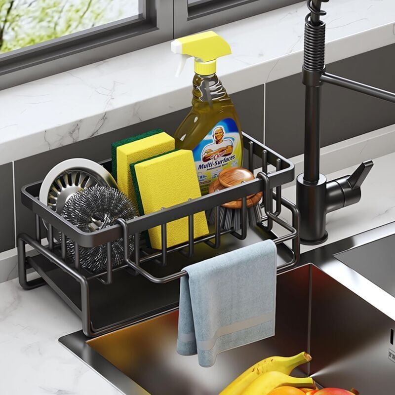 1 Stück Küchenaufbewahrung und Organisation, Edelstahl-Spülbecken-Organizer mit automatischer Abflussschale für Schwammh...