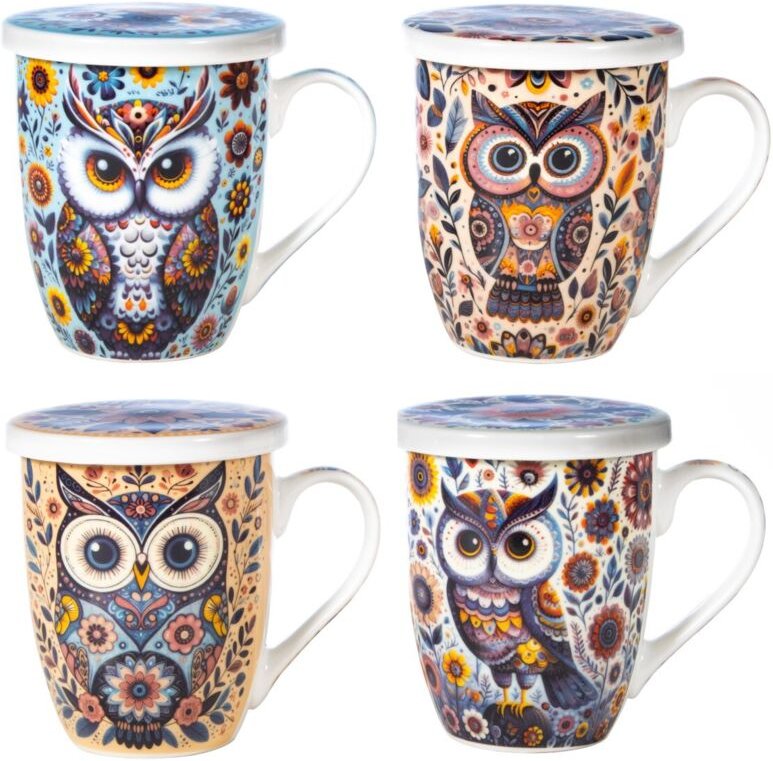 Exklusive Tasse im Eulen-Design mit Teefilter, ideal zum Verschenken, inklusive dekorativer Box, perfekt für Teeliebhabe...