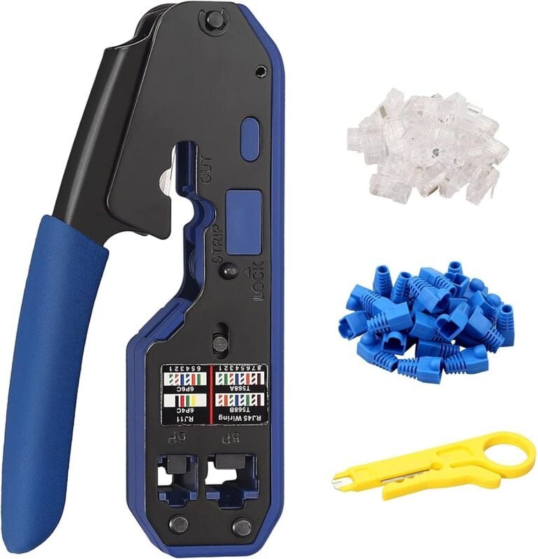 Thumbnail - Proster RJ45 Crimpzange Cat5 Cat5e Cat6 Cat6a RJ-11, 6P/RJ-12, 8P/RJ-45 mit 50 Steckern 50 Abdeckungen 1 Abisolierzange ...