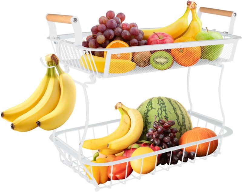 Obstkorb mit 2 Ebenen und Haken für Gemüse und Snacks, Weiß