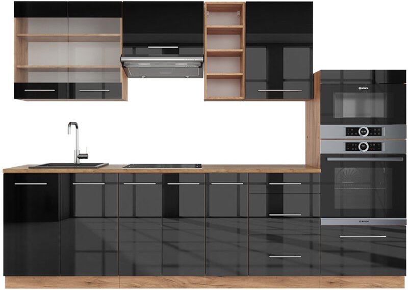 Vicco - Küchenzeile Fame-Line, Anthrazit Hochglanz/Goldkraft Eiche, 280 cm , ap Eiche