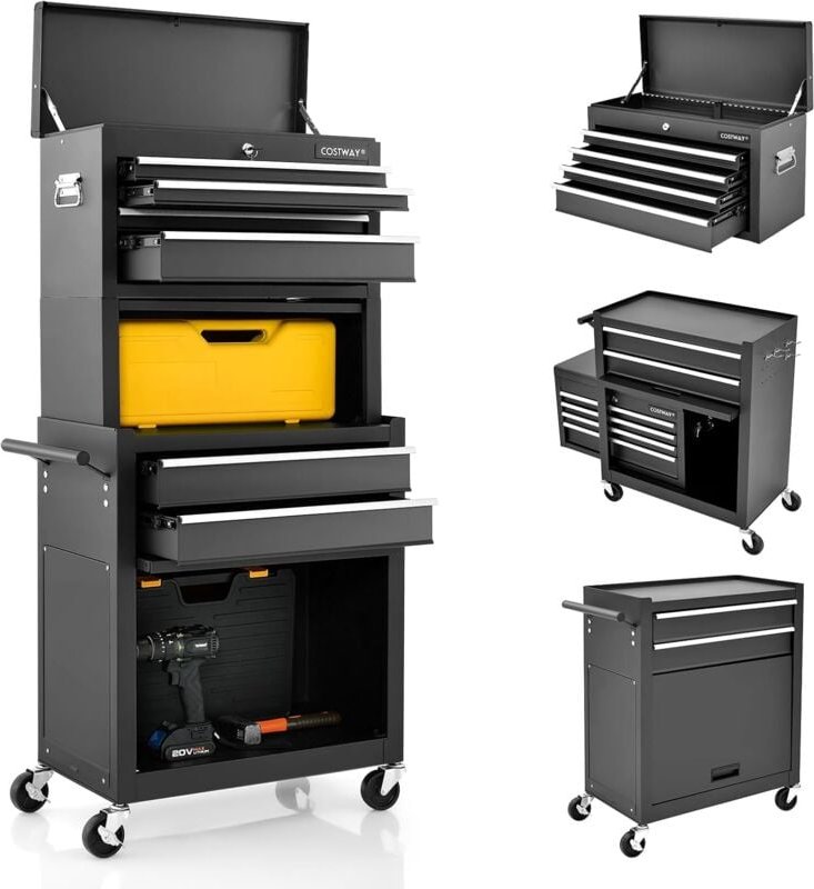 2 in 1 Werkzeugwagen mit Rollen, Werkstattwagen mit 6 Schubladen & Unterschrank & Tablett & Schiebetüren, Werkzeugschran...