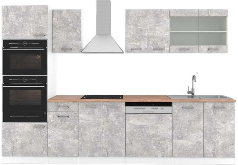 Vicco - Küchenzeile R-Line, Beton/Weiß, 300 cm mit Hochschrank, ap Eiche