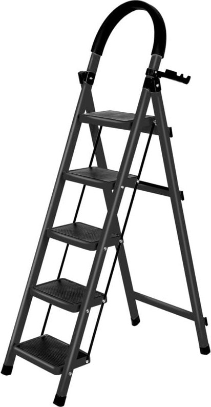 Thumbnail - Klapptritt mit 5 Stufen Klappbar Stahl mit Haltegriff 39 x 87 x 152 cm Schwarz