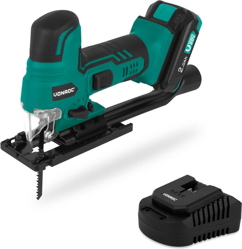 Vonroc - Stichsäge 20V - Ergonomischer Handgriff - Drehzahl und Sägewinkel einstellbar - Inkl. 2.0Ah Akku und Schnelllad...