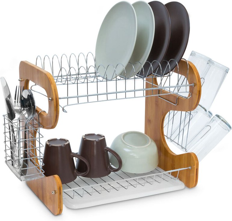 Relaxdays - Abtropfgestell, 2 Etagen, aus Bambus & Metall, mit Abtropfschale & Besteckkorb, hbt: 35 x 51 x 26,5 cm, natu...