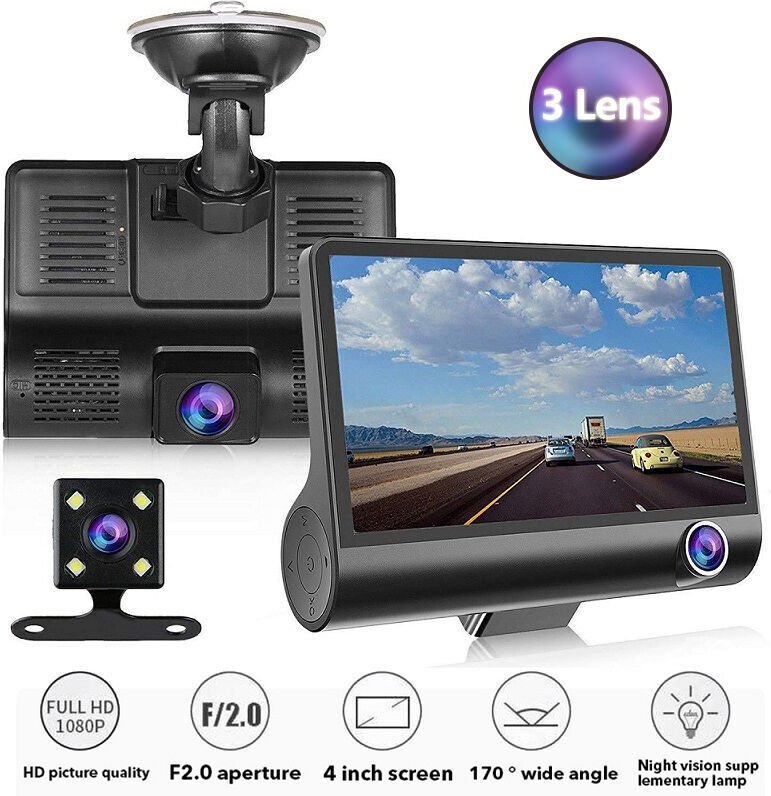 Auto-Dashcam, 3 Kameras, Full HD, 1080P, Doppelobjektiv, 4,0-Zoll-LCD-Bildschirm, mit 170-Grad-Rückansicht..DEBUNS