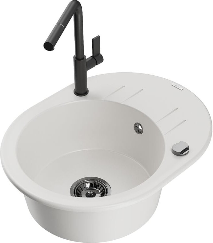 Kevin 1 Becken-Granitspüle mit Abtropffläche und Mischbatterie Flora, Weiß - 6517-20-670401-70 - Mexen