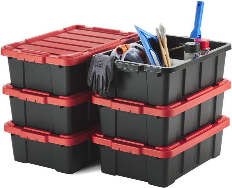 Heavy Duty Organisation Boxes, 25L, 6er-Set, Rot, Kompakt, Robust, Stapelbar, Aufbewahrungsbox, Für Garage, Regale, Umzu...