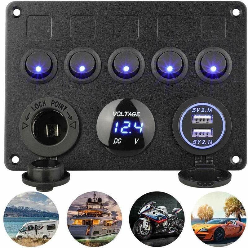 Thumbnail - 5-Gang-Wippschalter-Panel, wasserdicht, für Auto und Boot, Dual-USB, dc 12 V/24 v, led, für LKW-Anhänger, Marinefahrzeug...