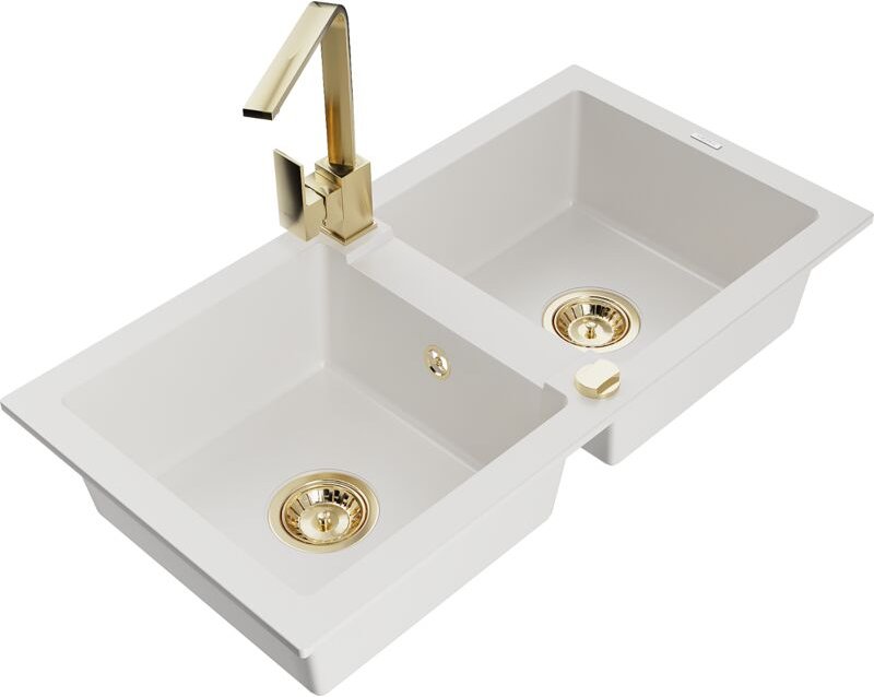 Mario 2-Becken-Granitspüle mit Mischbatterie Rita, Weiß - 6504-20-670300-50 - Mexen