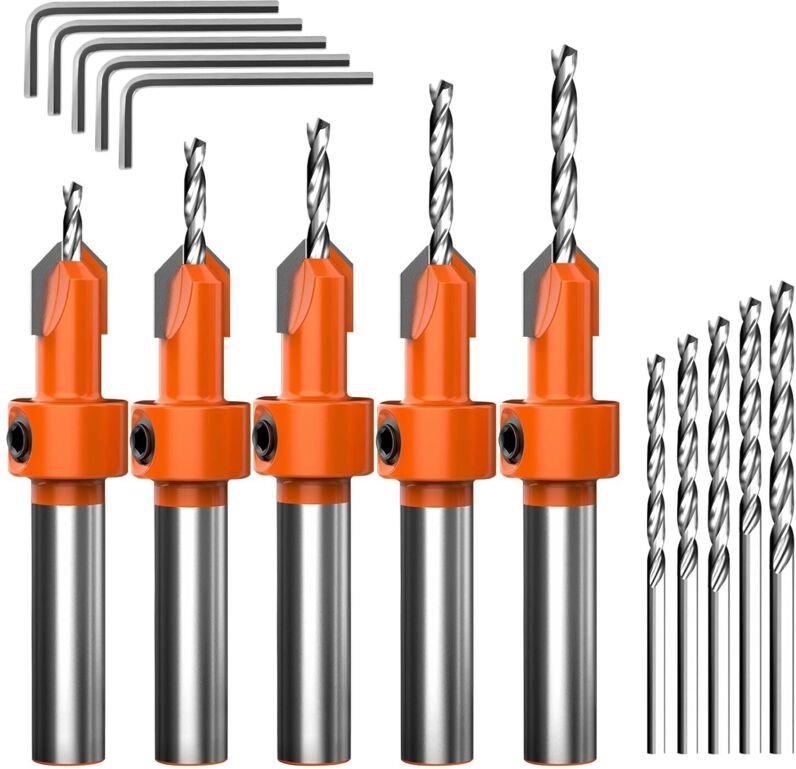 15-teiliges Senkbohrer-Set für Holz, 5 verstellbare HSS-Senkbohrer (2,8/3/3,2/3,5/4 mm), mit 5 austauschbaren Bohrern un...