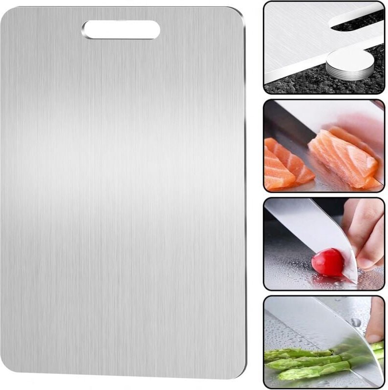 Mumu - Schneidebrett aus Titan – beidseitig Edelstahl – BPA-frei – für Küche, Fleisch, Brot, Gemüse, Obst (34 x 23 cm)