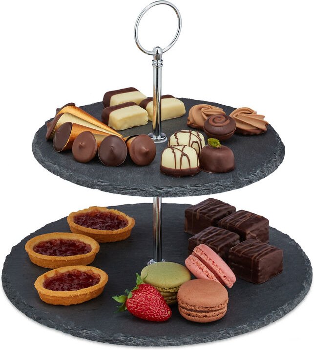 Etagere, 2 Etagen, Schiefer, Kuchen, Snacks, Obst, Metallgriff, Servierständer, HxD 23x25 cm, anthrazit/silber - Relaxda...