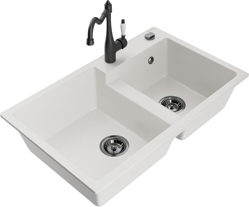 Tomas 2-Becken-Granitspüle mit Mischbatterie Carla, Wei√ü - 6516-20-670700-70 - Mexen
