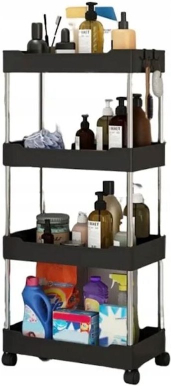 Badezimmerregal, Küchenschrank, mobiles Regal, 4-stöckige Rollen, Schwarz