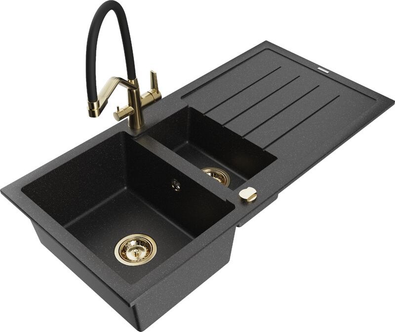 Mexen Andres 1,5-Becken-Granitspüle mit Abtropffläche und Mischbatterie Duo, Schwarz/Silber - 6515-7