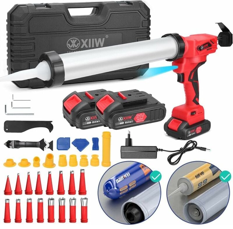 Xiiw - Elektrische Kartuschenpresse Silikonspritze mit 2 Akku (21V 2 Ah), 7840N Kartuschenpistole mit led, 16X Dichtungs...
