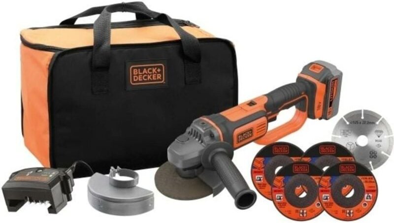 18V Akku-Winkelschleifer - black+decker - mit 1 x 18 v 4,0 Ah Akku + 5 Scheiben - Transporttasche - BCG720M1A5-QW